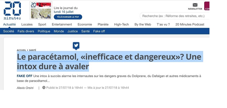 Dangers du paracétamol : l’énorme intox du journal “20 minutes”